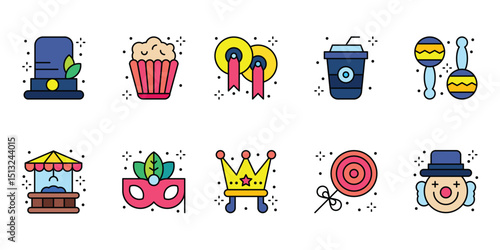 Carnival icons top hat cupcake cymbals drink maracas booth mask crown lollipop clown head