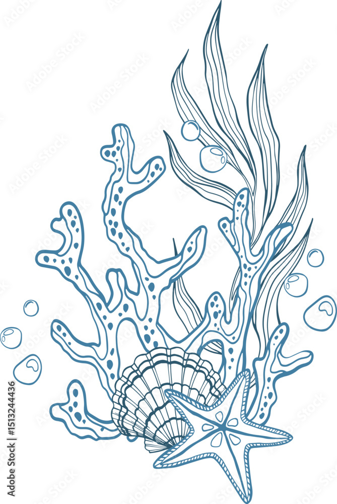 Fototapeta premium Doodle composition of vector coral reef and seaweed and sea shells for design.