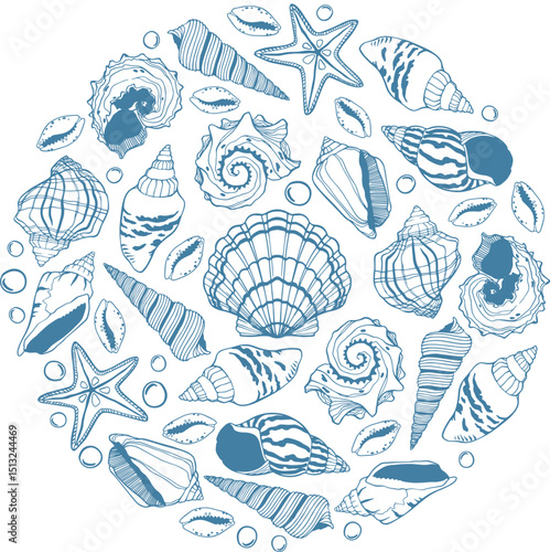 Sea shells clip art. Vector illustration. Round composition.