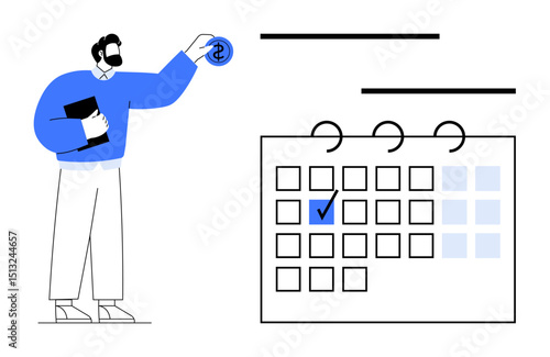 Person holding document places coin near a calendar with marked date, representing financial planning, goal-setting, or deadline management. Ideal for business, finance, productivity, scheduling