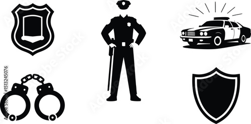 Flat Vector Police Icons Set Illustration Law Enforcement Symbols Badge Officer Handcuffs Car Shield Isolated on Black