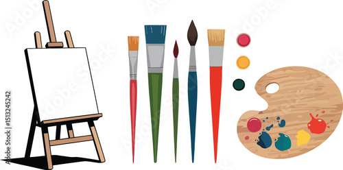 Illustration of Art Supplies on  Background Painting Easel Brushes Palette Color Mixing for Creative Projects