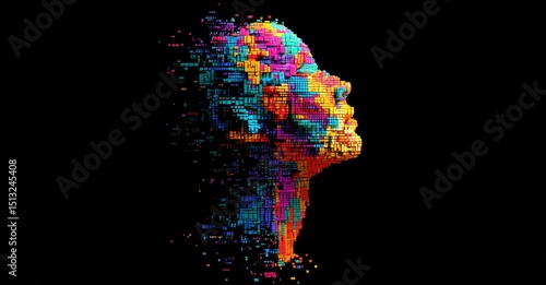 Abstract digital head profile made of colorful cubes against a black background, representing data, technology, and human connection.