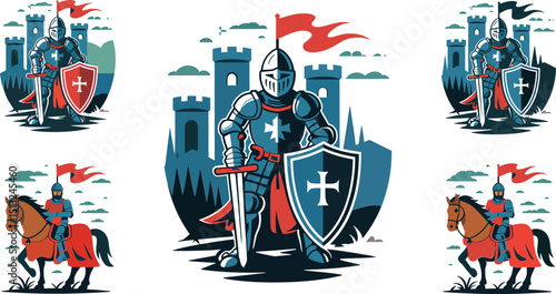Medieval Knight with Castle Backdrop, Chivalrous Warrior, Historical Era, Kingdom Guard, Courageous Defender, Shield, Sword