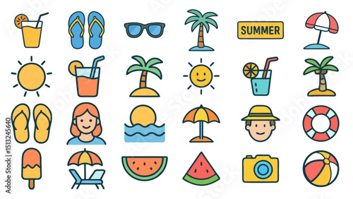 Speaking assortment of summer icons with sun watermelons conveys summer fun and communication. Suitable for summerthemed designs and communications projects.