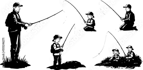 Fishing.Fly fisherman fishing.graphic fly fishing.Fishing with children at the river
