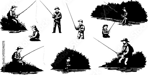 Fishing.Fly fisherman fishing.graphic fly fishing.Fishing with children at the river
