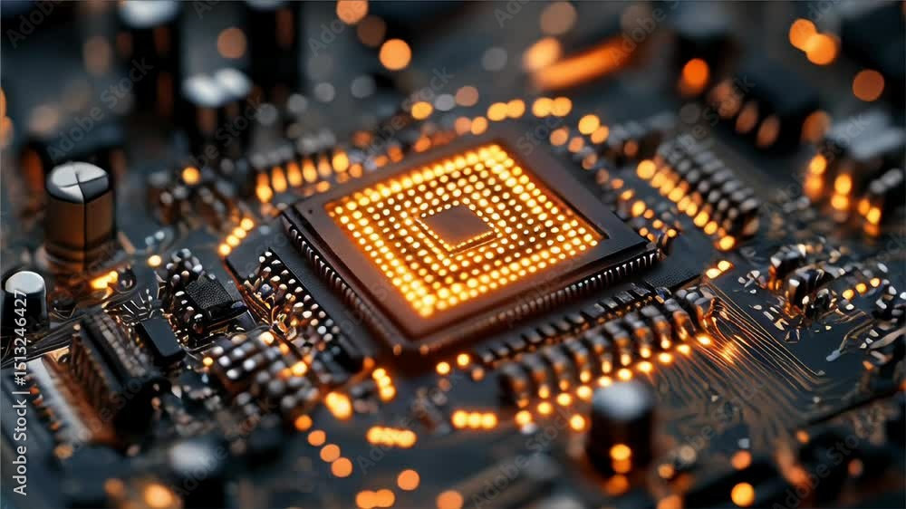 A close-up view of a complex circuit board shows glowing components and intricate designs. This setting highlights the advanced technology and engineering behind modern electronics. A close-up view of a complex circuit board shows glowing components and intricate designs. This setting highlights the advanced technology and engineering behind modern electronics.