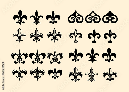 Ornament Vintage Vector Pack,, ornamen vector pack, Fleur de lys vintage design element or icon in black suitable for heraldry and classic decoration design in various shapes, Fleur de lis vector 