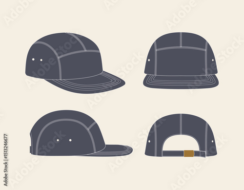 hat template vector, Blank White 5 Panels Baseball Cap, Snapback hat Technical Drawing Illustration Blank Streetwear Mock-up Template, Meshbaseball in Isolated vector objects on isolated background
