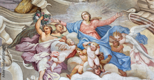 Cuadro en lienzo BOBBIO, ITALY - MAY 20, 2025: The detail of baroque fresco of Assumption of Virgin Mary in Cathedral (Santa Maria Assunta) by Francesco Porro (1723)