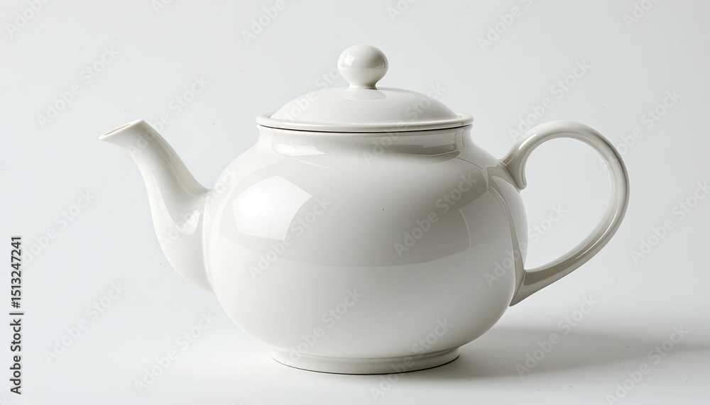 Isolated white ceramic teapot with lid and handle on a white surface Isolated white ceramic teapot with lid and handle on a white surface