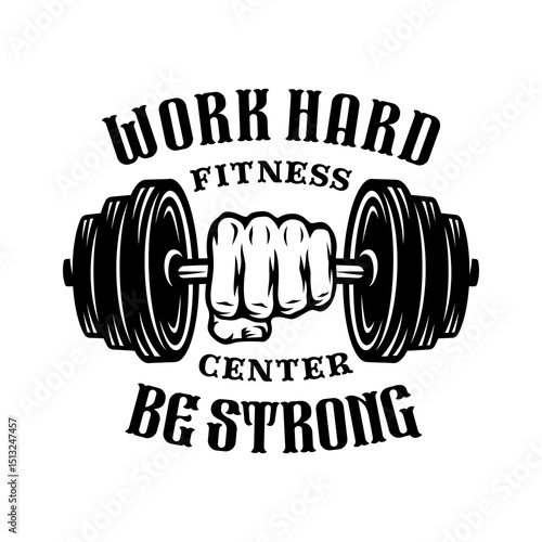 illustration label of hand holding barbell  in vintage style isolated vector 