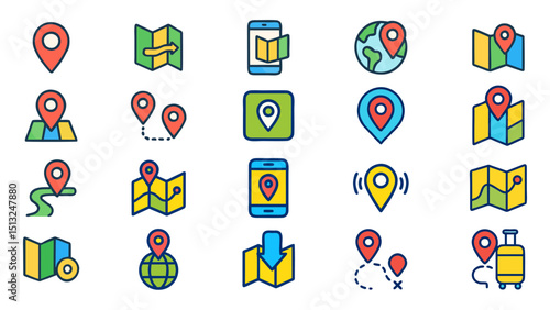 Set of icons with map location, perfect for travel guides, navigation apps, and mapsrelated projects.