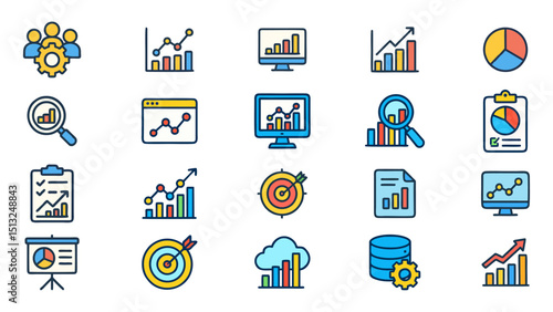 Colorful data analytics icons suitable for presentations, reports, infographics, websites, and social media posts on business or technology topics.