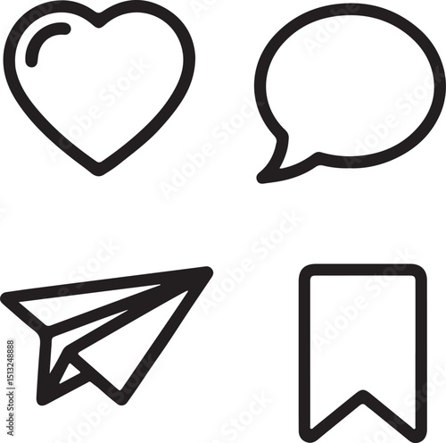 Heart, Speech Bubble, Paper Plane, Bookmark Outline Icons with Transparent Background
