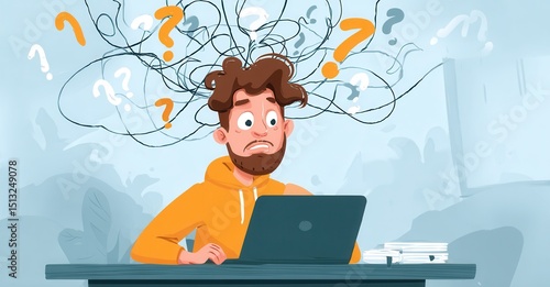 Stressed man working on computer. Overwhelmed by work and problems represented by question marks and scribbles around his head.