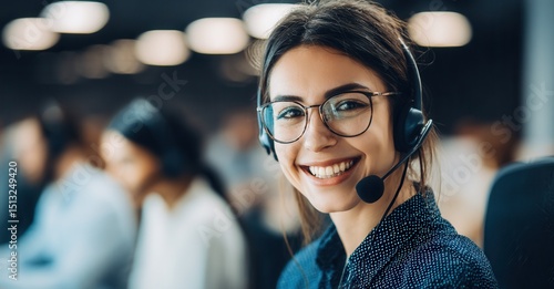 Smiling woman with headset working in call center.  Dedicated customer service representative ready to assist with any inquiries.