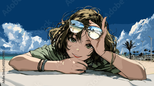 ビーチでリラックスするアニメ風の笑顔の女の子