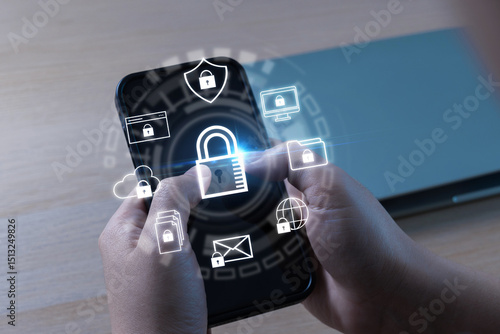 people hand using data protection application on mobile smartphone, backup storage management, anti virus, firewall, data protection, internet network technology, cloud storage technology concept