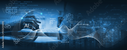 AI tech, artificial intelligence and big data analytics, innovative technology background. Software engineer using computer for data engineering, internet bot, data science