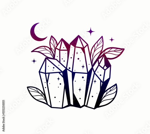 Mystical vector crystals with magical energy and glowing details. These fantasy gems come in shades of purple and blue, ideal for spiritual, fantasy, and alchemy-themed designs.