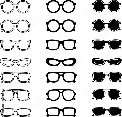 Glasses and Sunglasses Icon Set in Black and White Vector Style
