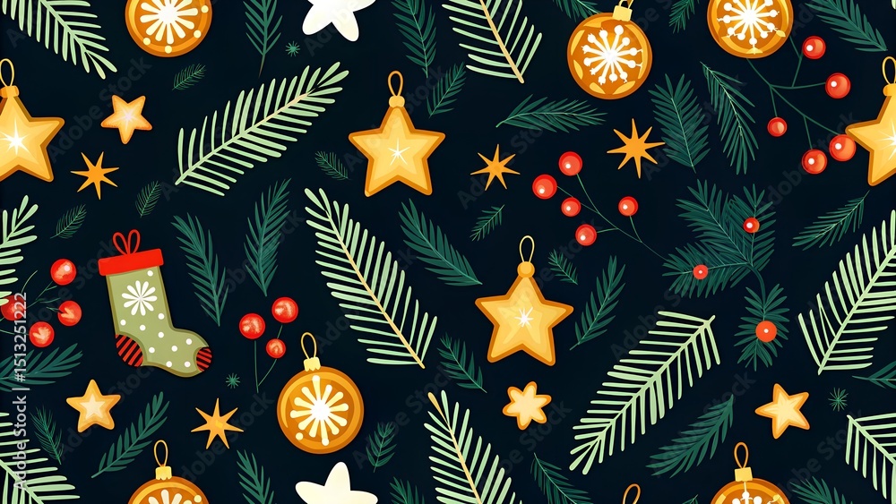 Naklejka premium Festive Seamless Christmas Pattern with Star Cookies, Ornaments, and Pine Branches on Dark Background