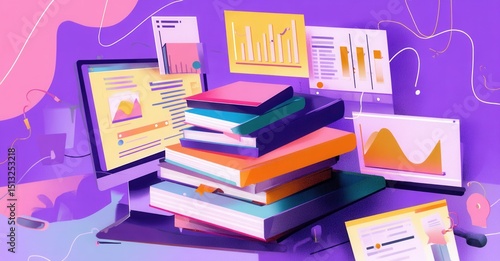 A workspace featuring a computer and stack of books, with floating data visualizations, conveying a blend of traditional & modern learning.