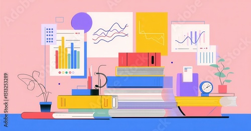A colorful, stylized depiction of books, plants, charts, and various desktop items against a vibrant pink and blue backdrop.