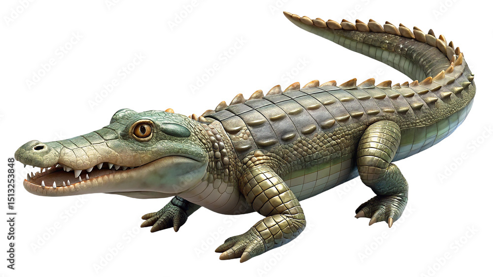 Naklejka premium Realistic 3d illustration of a green and brown detailed crocodile against a white background