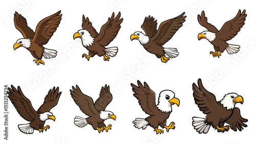 Set of Flying Bald Eagle Illustrations - Cute Cartoon Bird in Various Poses