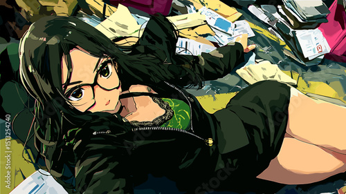 書類に寝そべる女性社員のベクターイラスト