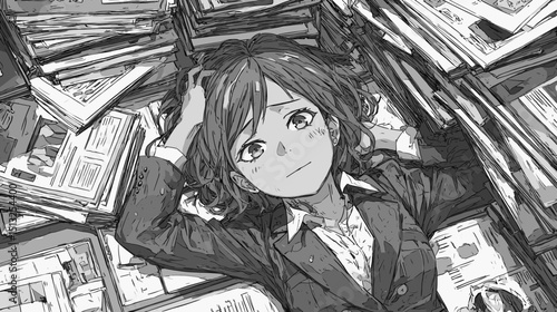 書類に寝そべる女性社員のベクターイラスト