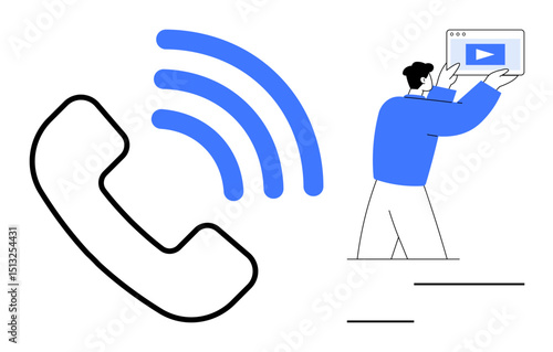 Telephone symbol with signal waves and man holding digital video content. Ideal for communication, online learning, video streaming, customer support, multimedia, technology services, simple landing