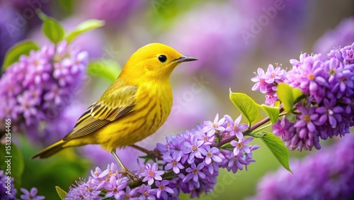 Vibrant Yellow Warbler on Lilac Bush in Minimalist Style