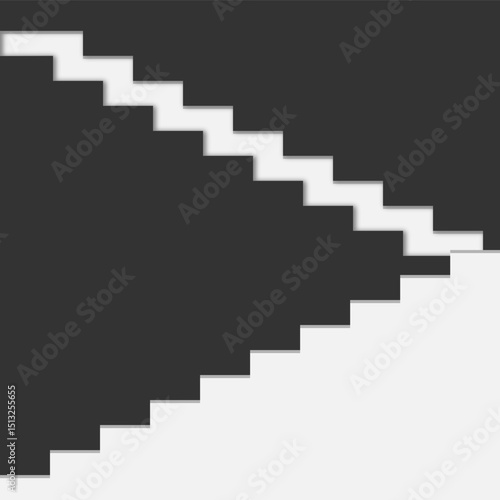 Minimalist abstract staircase design, featuring a series of floating steps forming a geometric zigzag pattern. The artwork has a monochrome color scheme with soft shadows