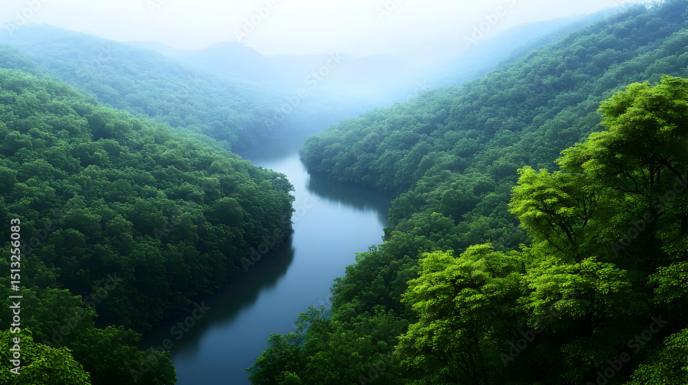 Naklejka premium Serene Mountain River Valley With Lush Green Forest