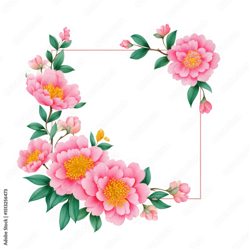 Fototapeta premium Floral frame with pink peonies isolated on transparent background