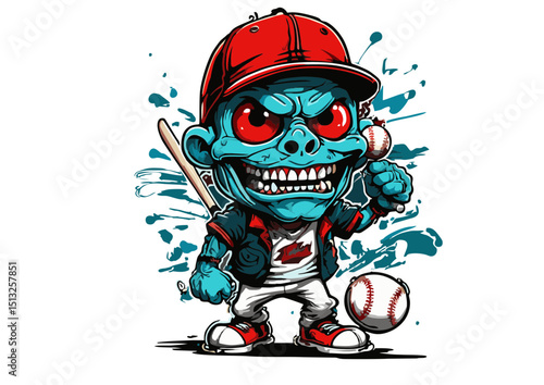 Zombie Monkey Baseball Player Spooky Cartoon Illustration