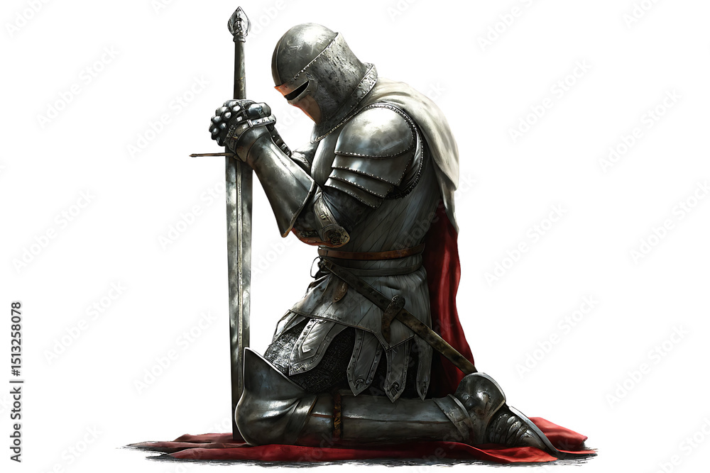 Fototapeta premium Medieval knight in prayer, isolated on a white background, ai generated png