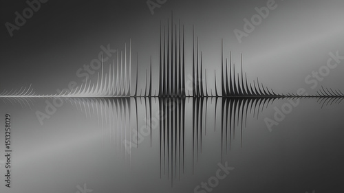 The image is an abstract grayscale soundwave graph with a strong horizontal central line, gradient shading, and mirrored vertical bars. Its minimalist, high contrast, and monochrome tone evokes digita
