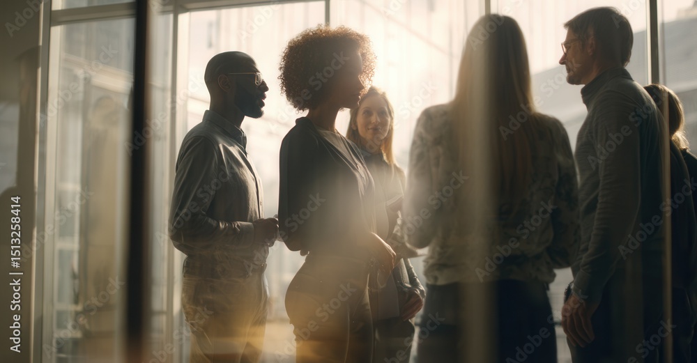 Fototapeta premium Diverse professionals collaborate in a modern office space, fostering teamwork and innovation amid natural light.