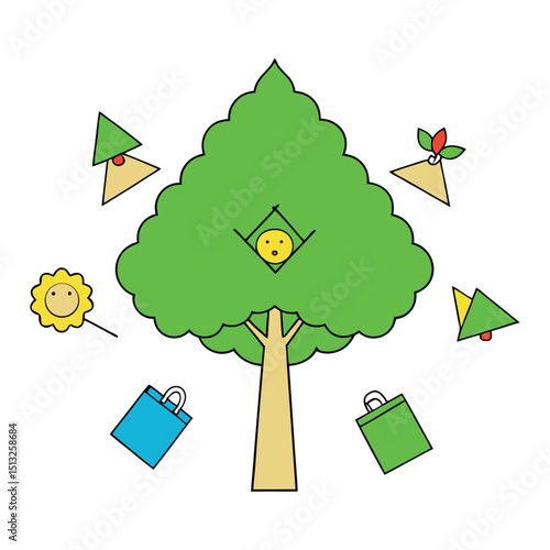 Delicate paper cuts encircle a vibrant green tree, symbolizing harmony between nature and art in a graceful, intricate display of craftsmanship and life.
