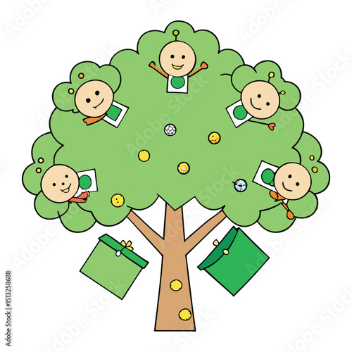 Delicate paper cuts encircle a vibrant green tree, symbolizing harmony between nature and art in a graceful, intricate display of craftsmanship and life.
