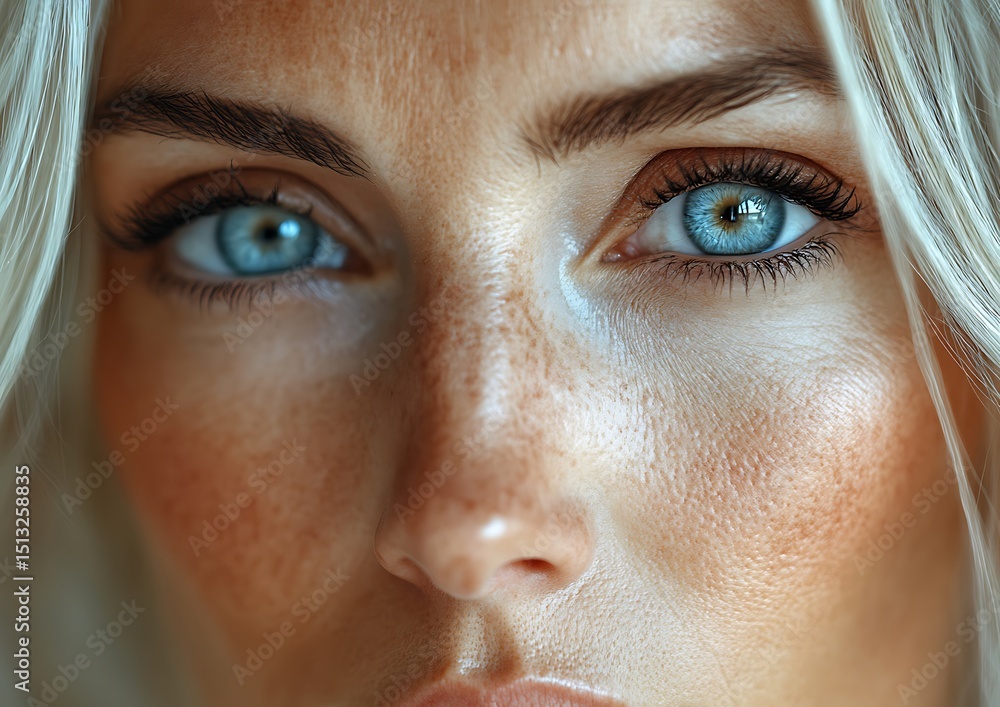 Fototapeta premium Close-up woman's face, bright eyes, freckles