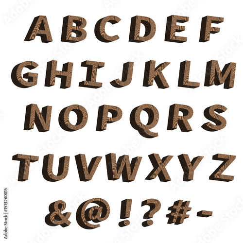 木製のアルファベットと記号のセット、白い背景、3D制作