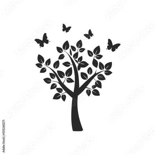 Tree with Butterflies Silhouette