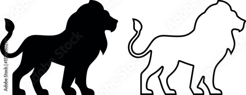 Set of two lion showing silhouette and outline side by side, isolated wild animal vector icons