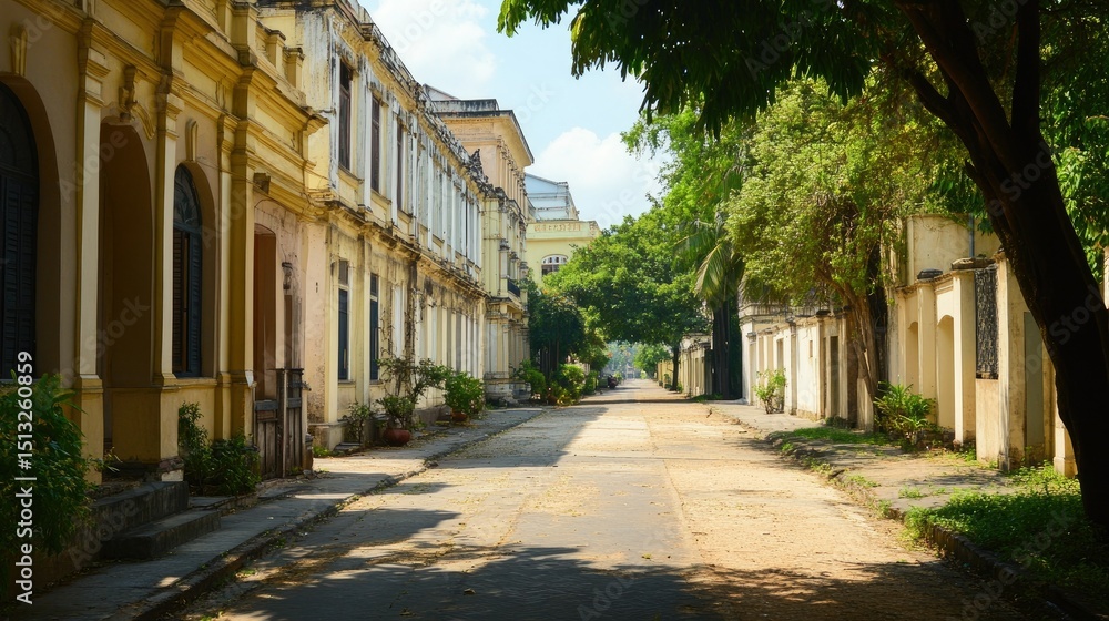 Fototapeta premium Serene Street in Hue, Vietnam: A Glimpse of Tranquil Colonial Architecture
